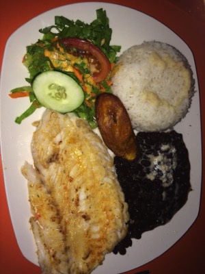  Typical dinner, fish, rice, beans, salad 